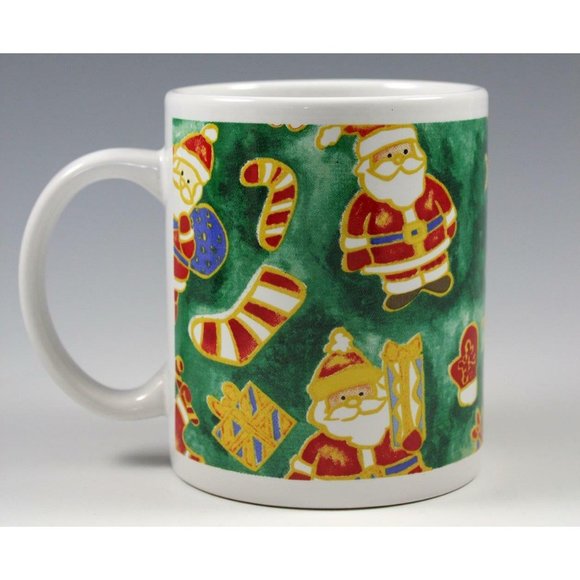 Merry Brite Holiday Coffee Mug Green with Santas & Candy Canes 10 oz Vintage 199 - Picture 2 of 6